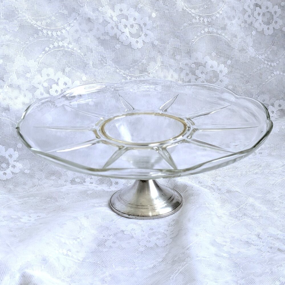 DUCHIN CREATION Sterling Silver Weighted Glass Cake Dessert Stand Plate 11 3/8"
